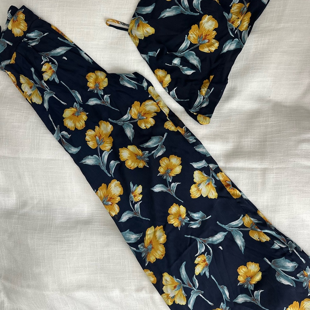 Flowy pants and top set, toes at the back with Yellow and Aqua Floral Accents